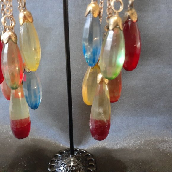 Vintage Aurora Borealis Dangle Clip Earrings four inches - Picture 5 of 10